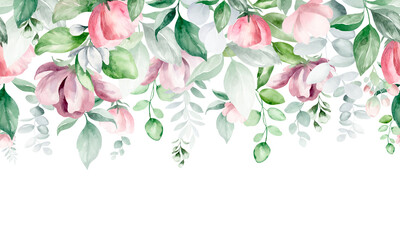 Watercolor seamless border - illustration with vibrant pink vibrant flowers, green leaves, for wedding stationery, congratulations, wallpapers, trendy, backgrounds, textures, DIY, wrappers, postcards.
