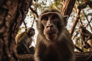 Document the playful antics of monkeys swinging through the trees