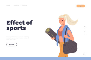 Effect of sport landing page template with young slim woman character feeling happy and smiling