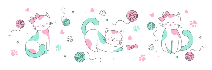 Сhildish pattern with cute cats, kids print. Isolated vector illustration for baby shower, greeting card, party invitation, kids design prints, posters, t-shirts, stickers, notebook cover print