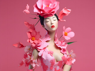A woman sculpture in a dress made out of paper flowers