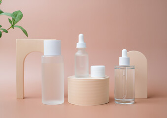 Skincare bottles mock up with display on minimal and modern background for beauty and cosmetic background.
