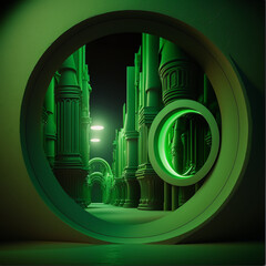3D visualization, dreamlike cityscape with glowing green cylindrical portals hovering above illuminated streets. Surreal urban minimal abstract environment.