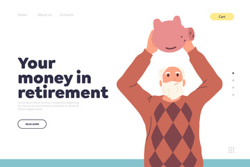 Sad senior man shaking empty piggy bank design for landing page with money in retirement concept