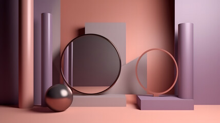 A room with a mirror and a ball on the floor, a Product mockup space.