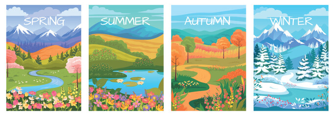 Four seasons nature landscape colorful illustartion. Spring mountains, summer lake, autumn fields and winter view set