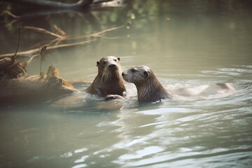 Film playful otters frolicking in a river