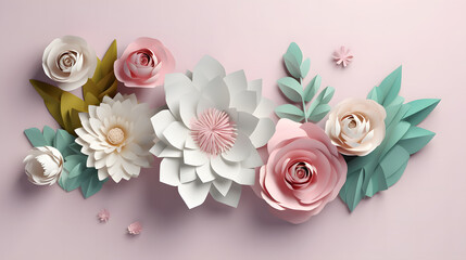 A bunch of paper flowers on a pink background