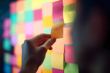 A sticky note is in a hand. 
