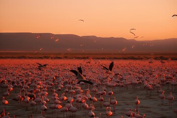 Capture the stunning colors of a flock of flamingos taking flight