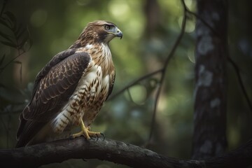 Fototapeta premium Photograph a majestic hawk perched atop a tree branch in the forest