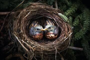 Naklejka na ściany i meble Capture the symmetry of a pair of birds in a nest with eggs
