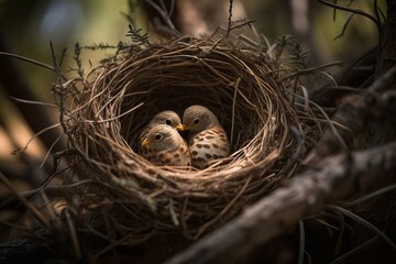 Fototapeta na wymiar Capture the symmetry of a pair of birds in a nest with eggs