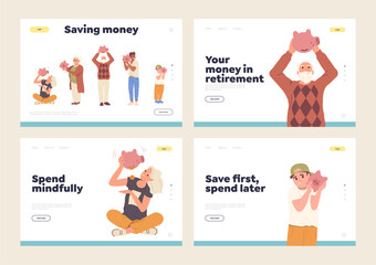 Set of landing page with people of different age holding piggybank and money savings concept