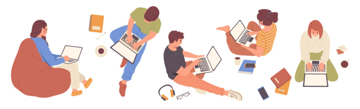 Set of diverse young people using laptop computer for online work or study vector illustration