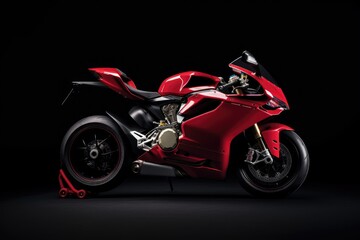 Red motorcycle on black background. Generative AI.