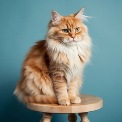 Fototapeta na wymiar beautiful fluffy ginger cat posing on a wooden chair in studio lighting in front of pastel light blue background - Generative AI