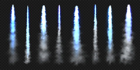 Realistic blue space rocket trails. Festive fireworks launch. Fire burst, explosion. Missile or bullet trail. Jet aircraft tracks. Smoke clouds, fog. Steam flow. Vector illustration