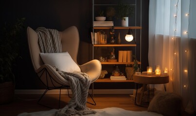  a living room with a chair and a book shelf filled with books.  generative ai
