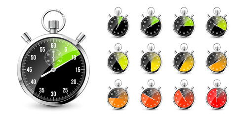Realistic classic stopwatch. Shiny metal chronometer, time counter with dial. Colorful countdown timer showing minutes and seconds. Time measurement for sport, start and finish. Vector illustration