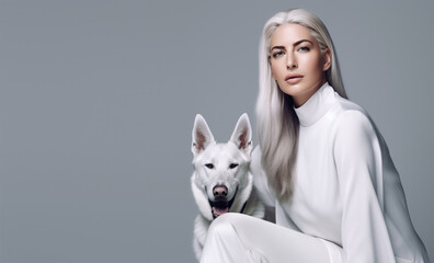 Stylish woman with her adorable white German Shepherd posing in studio. Generative ai