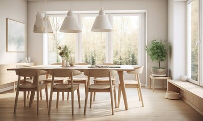  a dining room with a table and chairs and a window.  generative ai