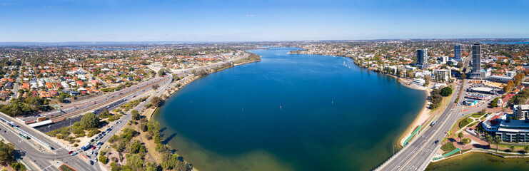 Naklejka na ściany i meble Panoramic views of the Bridge and the city district on the river estuary, Swan River and Canning River, aerial view, Perth, Western Australia, Australia, Ozeanien