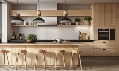 Fototapeta premium a kitchen with a lot of counter space and stools. generative ai