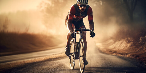 Fototapeta na wymiar Professional road bicycle racer in action, Generative Ai