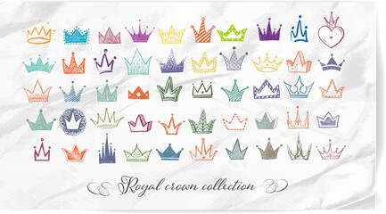 Collection of colored doodle crowns on old paper background. Vector sketch illustration