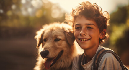Joy of friendship. Cheerful child and his inseparable pet. Generative AI. Boy and dog at summer sunset