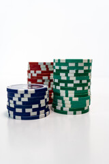 Stack of chips for casino isolated on white background. Volumetric heap of money or cash for games like poker and blackjack, roulette. Betting club and gamble, winning theme. copy space for text