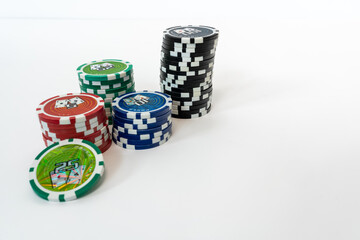 Stack of chips for casino isolated on white background. Volumetric heap of money or cash for games like poker and blackjack, roulette. Betting club and gamble, winning theme. copy space for text