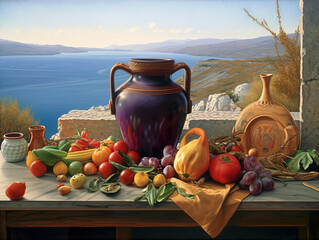 A painting of a vase, fruit, and vegetables on a table. AI generative image . Greek still life. - obrazy, fototapety, plakaty