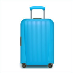Realistic blue wheeled travel bag with hand. Plastic travel suitcase. 3D rendering isolated on white background.