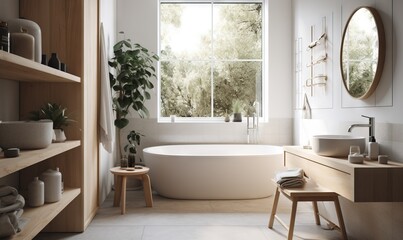 Fototapeta na wymiar a bathroom with a tub, sink, and a window. generative ai