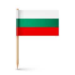 Bulgarian toothpick flag. Souvenir from Bulgaria. Wooden toothpick with paper flag. Location mark, map pointer. Blank mockup for advertising and promotions. Vector illustration