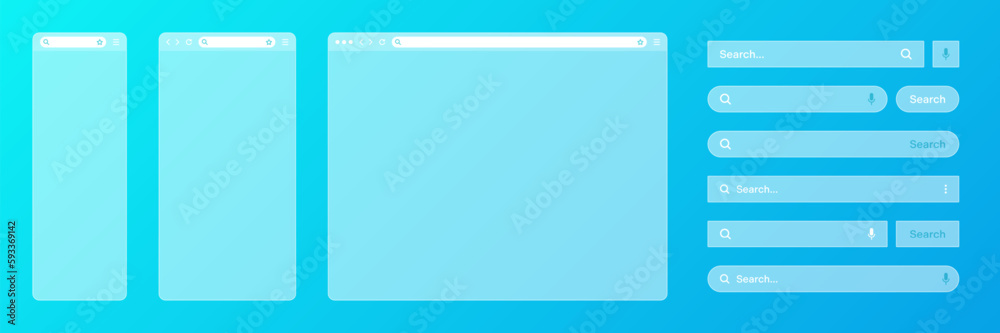 Poster blank transparent internet browser window with various search bar templates. web site engine with se