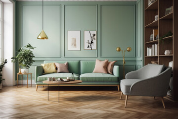 The interior of the living room has light blue pastel walls, a green pastel sofa and minimalist decor. wooden floor, Idea for design. Generative Ai - obrazy, fototapety, plakaty