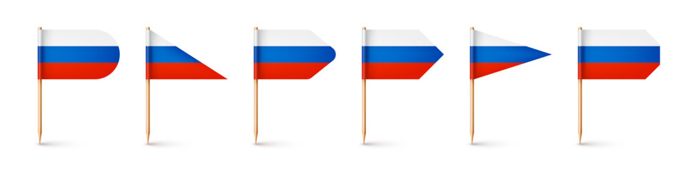 Realistic various Russian toothpick flags. Souvenir from Russia. Wooden toothpicks with paper flag. Location mark, map pointer. Blank mockup for advertising and promotions. Vector illustration