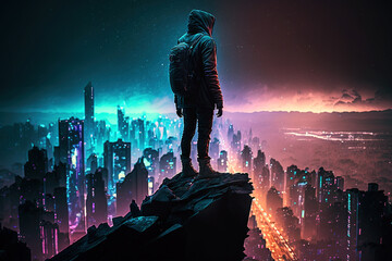 A person in a hoodie standing in front of a futuristic neon light cityscape at night, generative ai