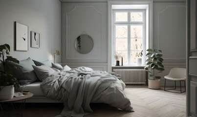  a bedroom with a bed, a window, and a plant.  generative ai