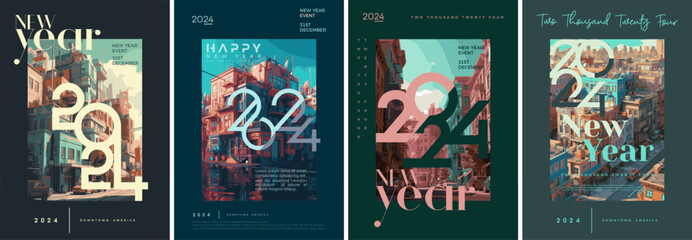 Fototapeta na wymiar Happy new year 2024 with colorful downtown america illustration as a background. Vector magazine cover with unique numbers. Premium design vector happy new year 2024.