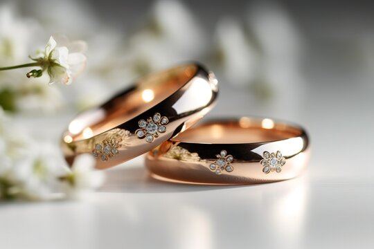 Close up image of golden wedding rings. Generated ai.