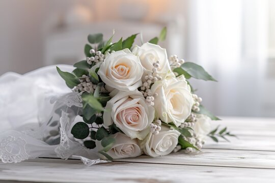 Beautiful white roses bridal bouquet. Generated ai.
