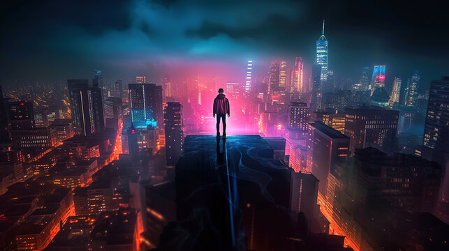 A silhouette standing on the edge of a skyscraper looking out over a bright neon city at night, generative ai