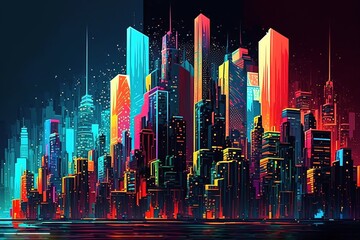 A colorful and vibrant abstract skyline of neon skyscrapers glowing at night, generative ai