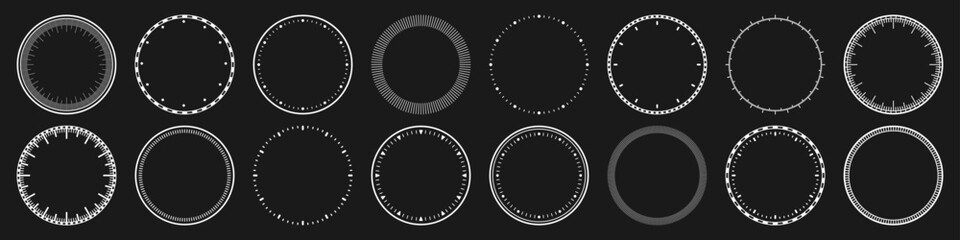 Mechanical clock faces, bezel. White watch dial with minute and hour marks. Timer or stopwatch element. Blank measuring circle scale with divisions. Vector illustration.