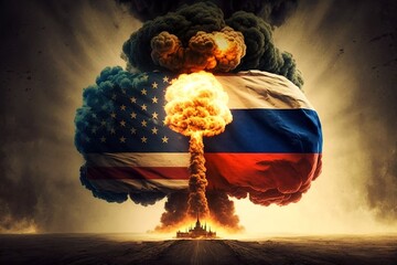 A huge nuclear explosion with a Russian and a USA flag in it, representing the conflict between west and east, generative ai - obrazy, fototapety, plakaty