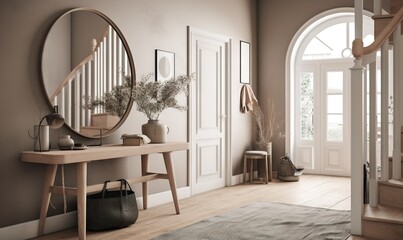  a hallway with a table, mirror, vase, and vase of flowers.  generative ai